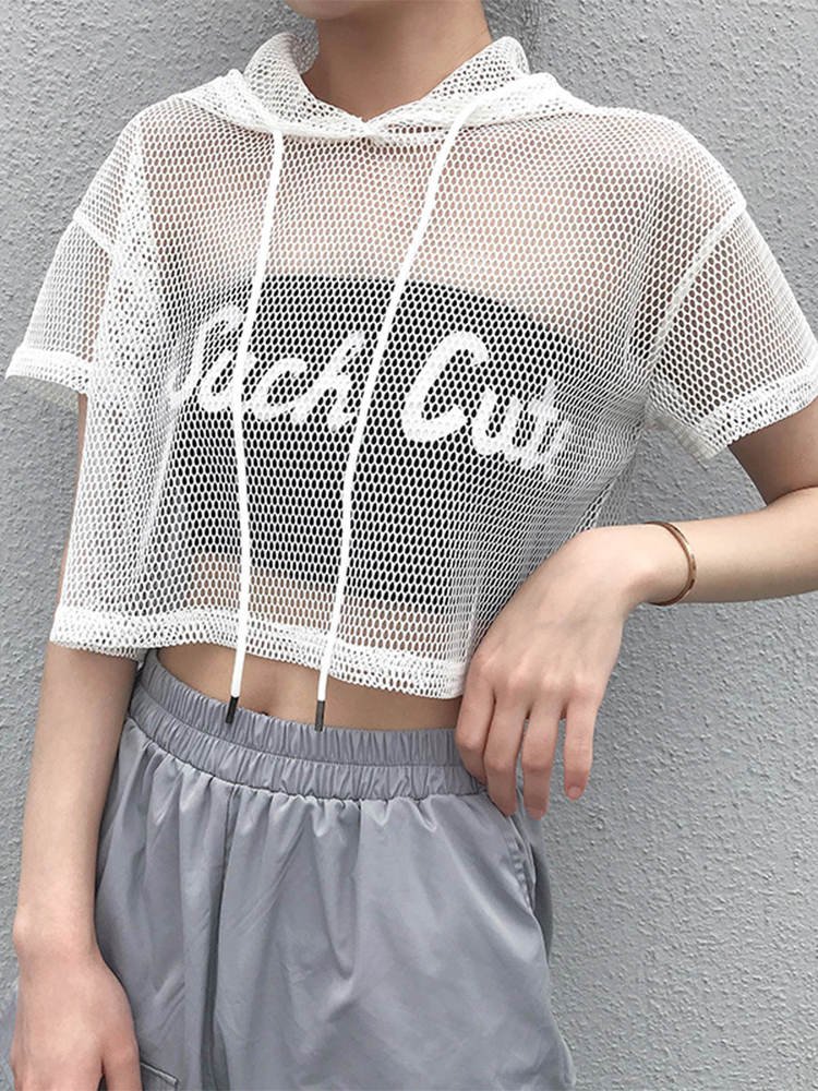 T-Shirt à Capuche en Maille Creuse pour Femme, Manches Courtes, Noir, Transparent, Swxy, Wlwear, ix: M / WHITE
