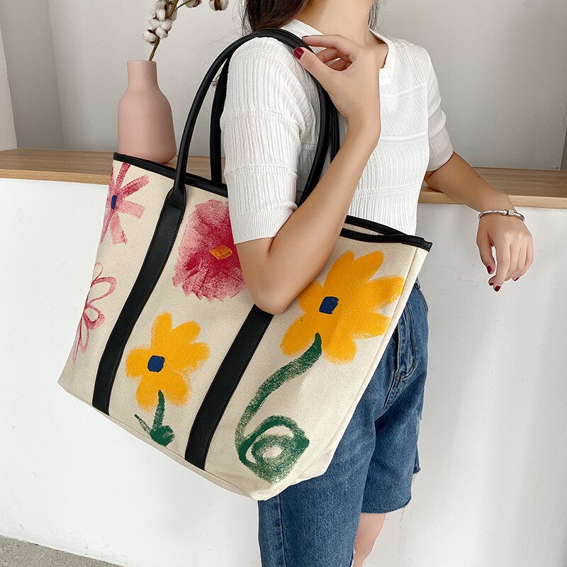 Shoulder Bags Women's Bag Canvas Graffiti Flower Bag Hand Bill Shoulder Large-capacity Shopping Bag Daisy Tote Bag Handbags