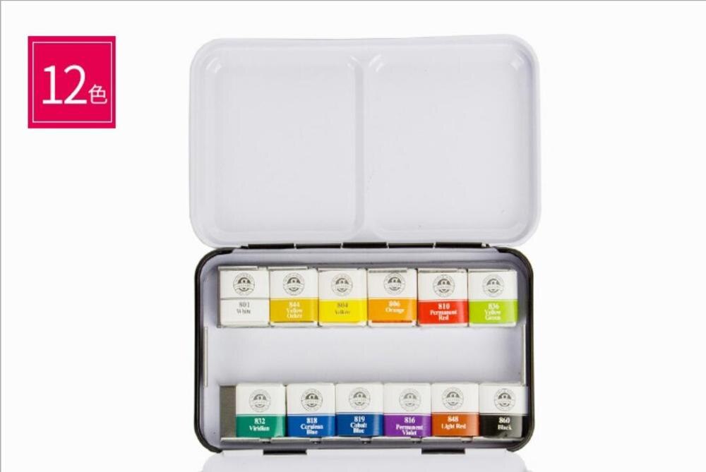 Mungyo 12 24 48 farve ensfarvet akvarelmaling sæt bærbar metalboks akvarel pigment kunstner tegning akvarel papir leverancer: 12 farver