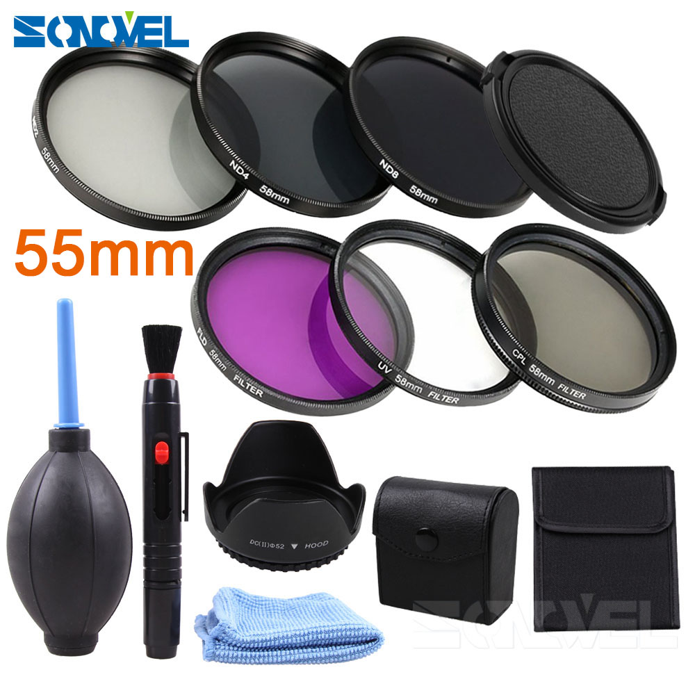 49 52 55 58 62 67 72 77 82mm UV CPL FLD ND2 ND4 ND8 Grijsfilter Kit + zonnekap + Cleaning kit Voor Canon Sony Nikon: 55mm