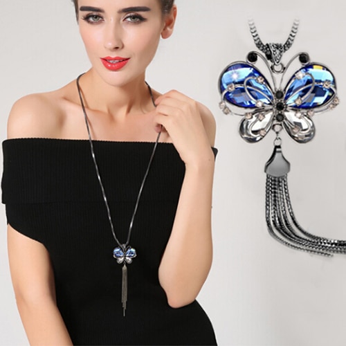 Women's Butterfly Pendant Tassels Rhinestone Long Sweater Chain Necklace Jewelry Leader' Choice
