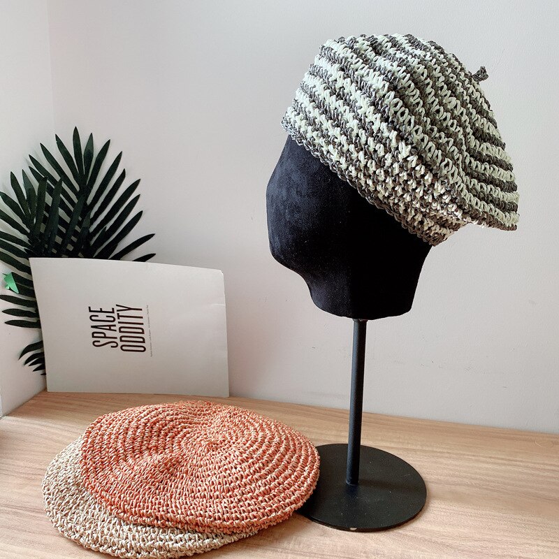 Japanse Zachte Handgemaakte Gras Gehaakte Baret Hoed Vrouwelijke Gemengde Kleur Wilde Schilder Hoed Eenvoudige Mode Achthoekige Hoed