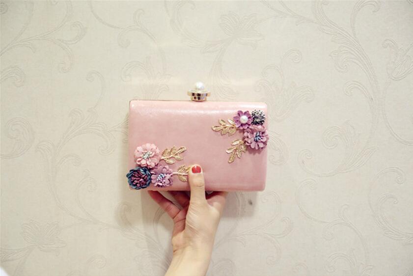 women handmade flowers evening bags mini wedding dinner bags luxury clutch purse with 2 chains: pink