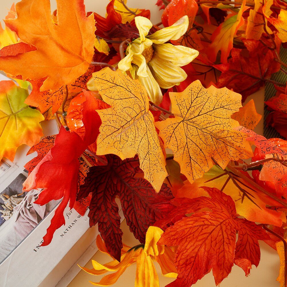 Feuilles d'érable artificielles guirlandes automne suspendus automne vignes citrouille baies tournesol érable artificiel guirlande rotin décoration de la maison