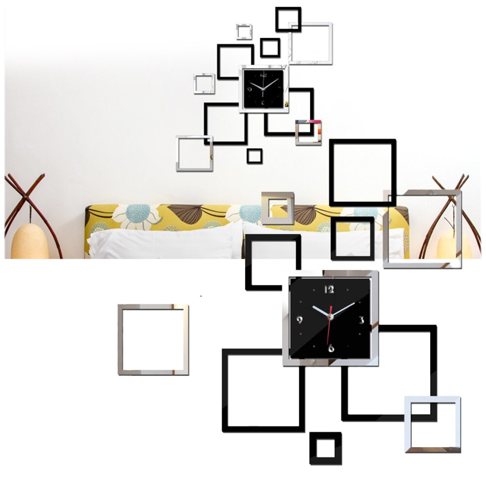 DIY Wall Clock Acrylic Mirror Sticker 3D Square Clock Sticker Quartz Needle Watch Art Wallpaper TV Background Living Room Decor