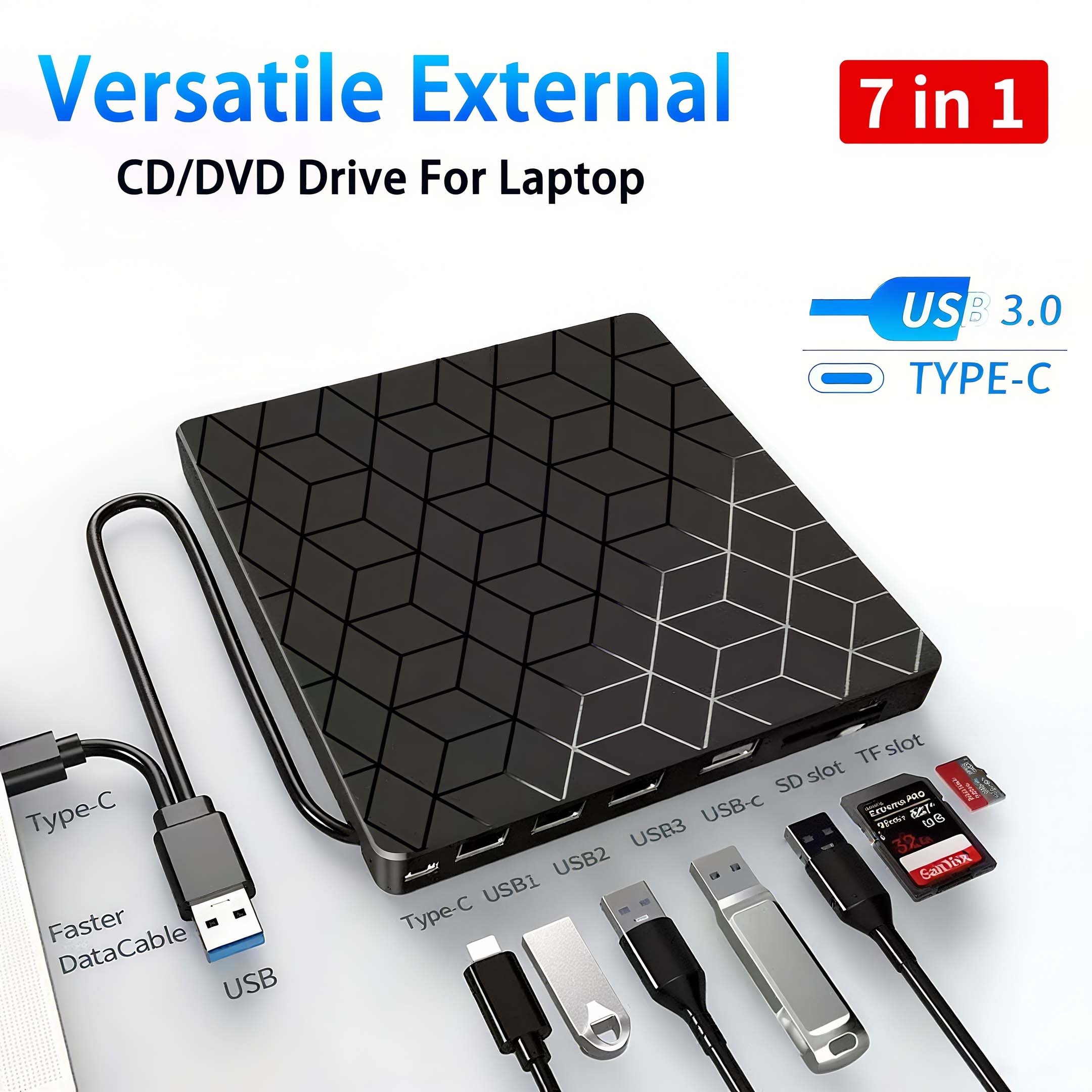 7 in 1 External CD/DVD Drive USB 3.0 Type C DVD Recorder Player Writer Optical Drive Burner Portable For Laptop Desktop Notebook