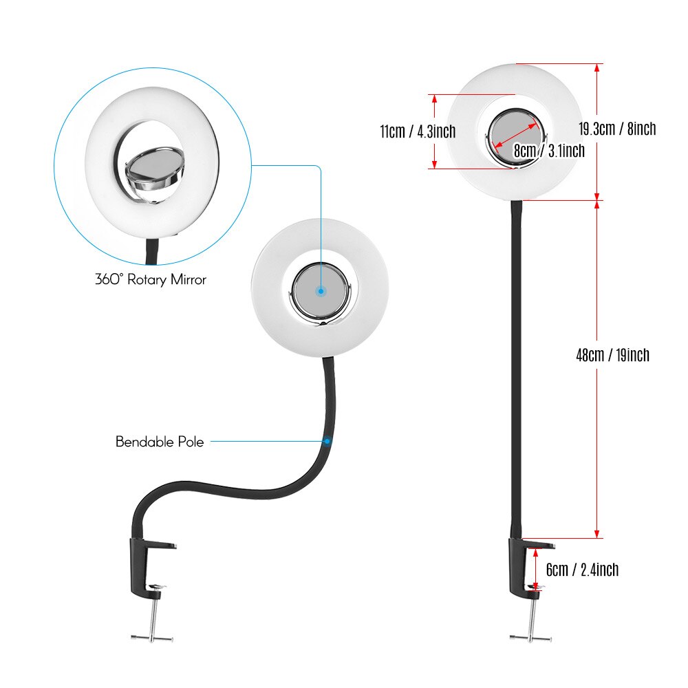Andoer Tafelblad 8 inch 5500 K LED Vedio Ring Licht 24 W met Make Spiegel Deskclip Buigbare Pole voor Foto Live Video Verlichting