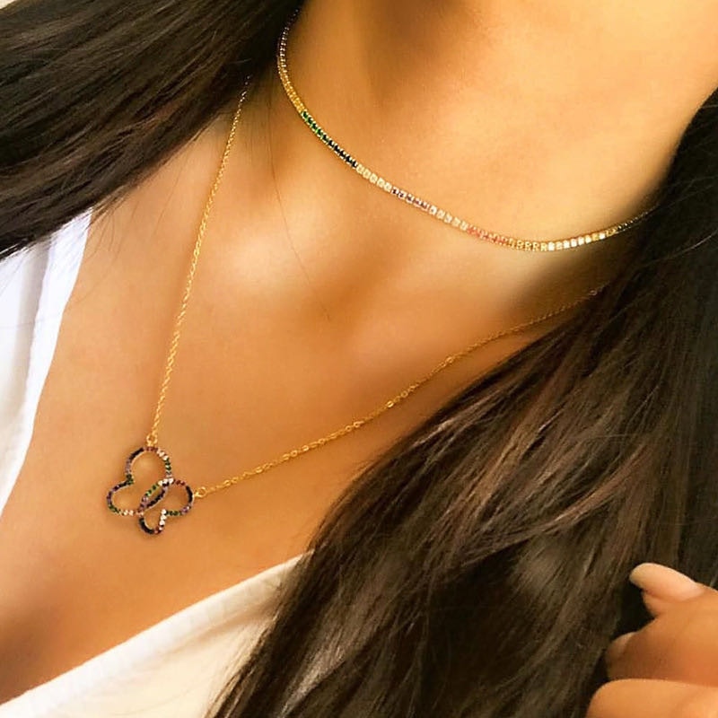 Juya moda arco-íris cor colares delicado zircônia cúbica gargantilha para mulheres meninas jóias boêmio tênis corrente para os amantes presente