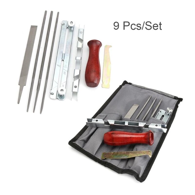 9pcs/set Chainsaw Sharpener Round Flat File Depth Gauge Holder Wooden Handle for Sharpening Filing Maintenance Tools