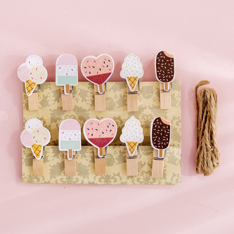 Clips de madera Natural de cuerda de cáñamo para decoración de pared, Clips para fotos, pinzas para ropa, manualidades, 10 paquetes: Ice cream
