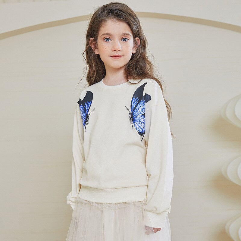YourSeason Spring Cute Sweatshirt Teen Girls Cotton Cartoon Butterfly Print O-neck Shirts Autumn Teenage School Clothes: 4T