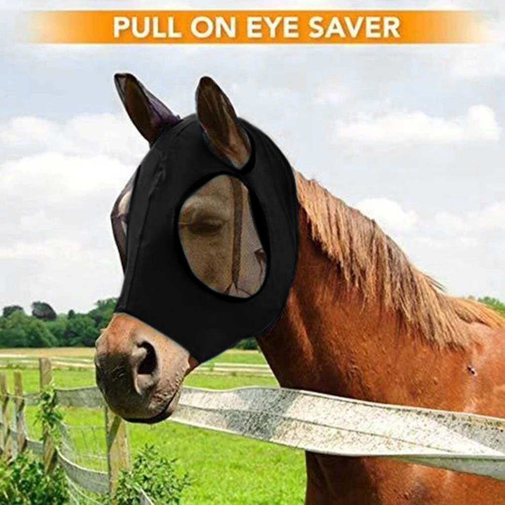 Anti-myg hest fuld ansigtsmaske med næsebetræk hest ansigtsbeskyttelse maske beskytter øjne og ører #0715 ljc: Sort