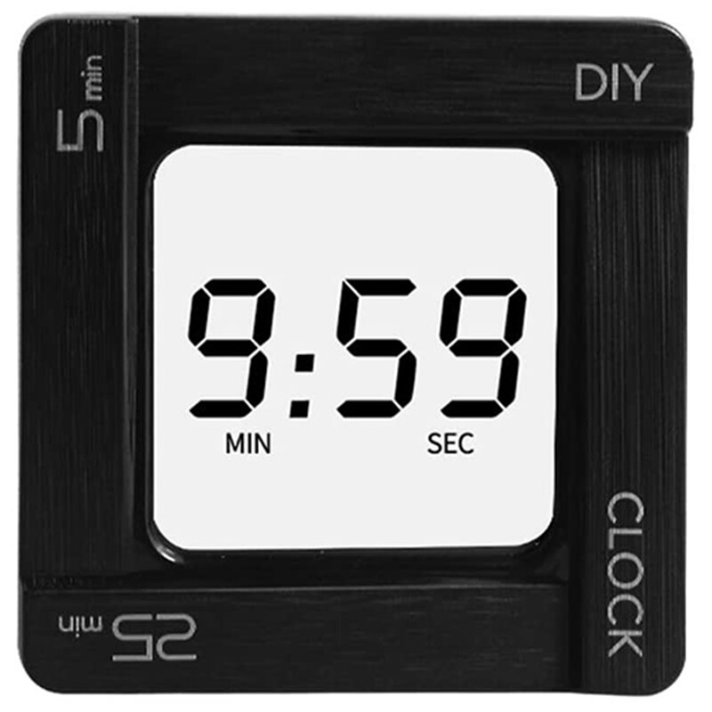 AT69 -Kitchen Timer, 5 Minute, 25 Minute and DIY Minute Preset Countdown Timer with Clock and Snooze Function, Mini Size: Black