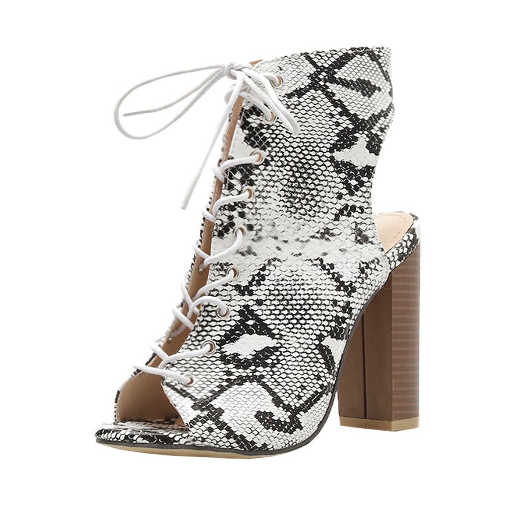 Summer Women's Sandals Snakeskin Strap High Heels Peep Toe Shoes Shallow Mature sandalias Ladies Boots Casual Shoes