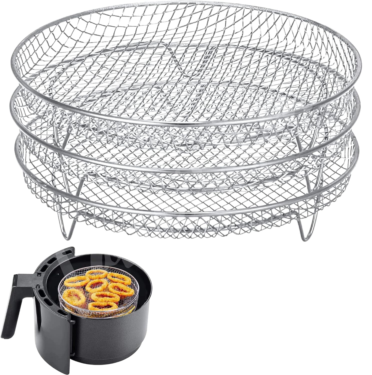 Drie stapelbare luchtfriteuse rek ovens rekken roestvrijstalen mand lade luchtfriteuse accessoires keukengadgets bakgereedschap: grijs
