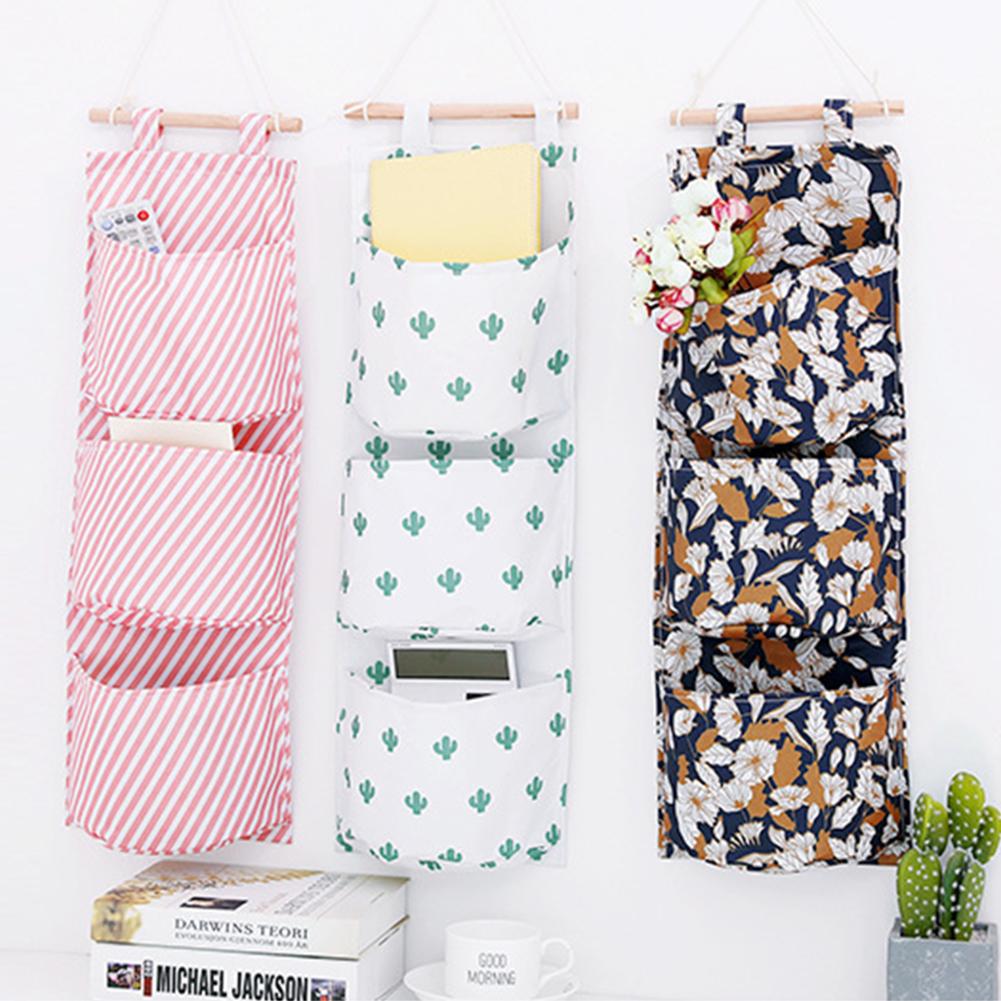 Bolsa de almacenamiento colgante con estampado de lino y algodón, organizador de juguetes y cosméticos, 3 bolsillos, montado en la pared