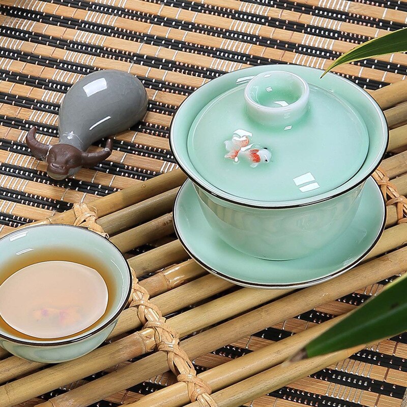 Chinese Celadon fish gai wan tea set,Bone China Tea cup Dehua gaiwan tea porcelain teacup tea set for kettle