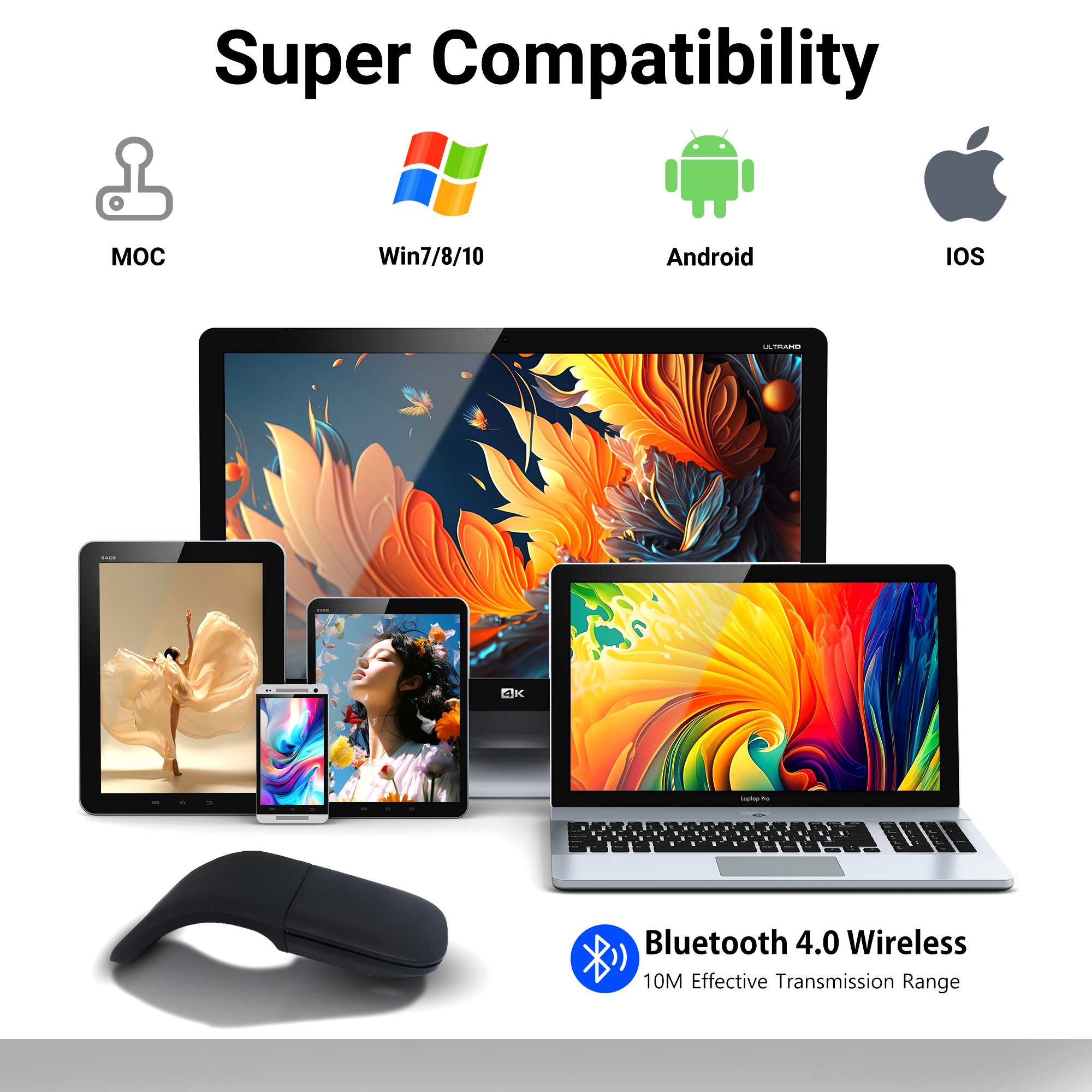 Trådløs bluetooth 4.0 -mus, 1600 dpi foldbar, buet touch-mus, foldbar, ultratynd, lydløs mus til surfacebook-bærbar computer, kontorbrug