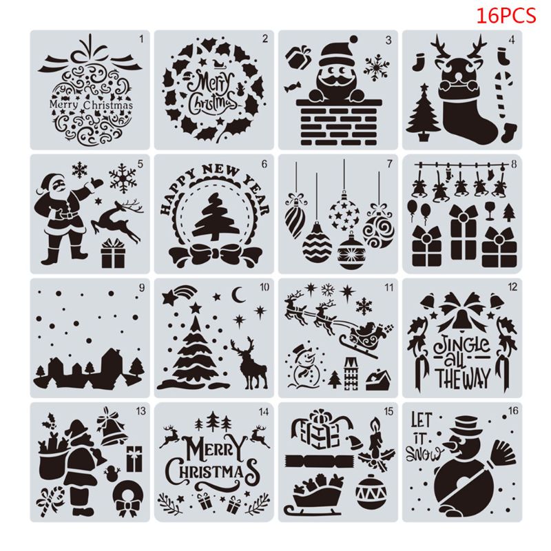 16pcs/set DIY Merry Christmas Drawing Stencil Templates Embossing Paper Painting