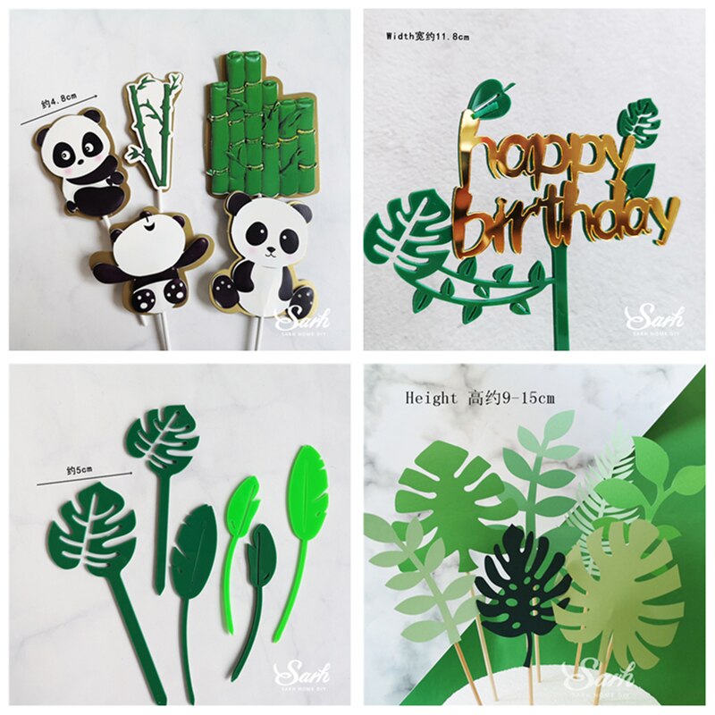 Panda bamboo Cake Topper Happy Birthday Turtle leaf Clay Decoration for Children's Boy Girl Party Supplies Baking Lovely: PANDA SET 2