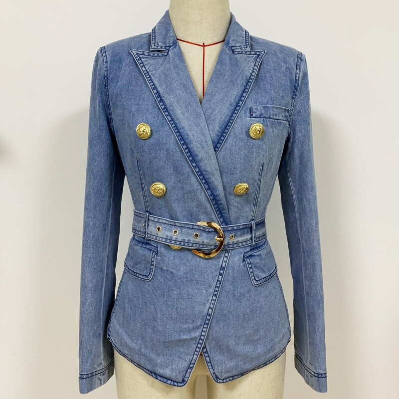 Höst klassisk denim kostym för kvinnor dubbel breasted jean blazer jacka toppar kvinnor casual långärmad med bälte denim rock