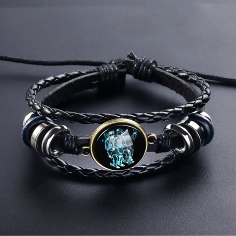 12 Constellation Bracelet Luminous Leather Bracelets Charms Zodiac Sign Bracelets Leo Virgo Libra Gemini for Man Woman Jewelry