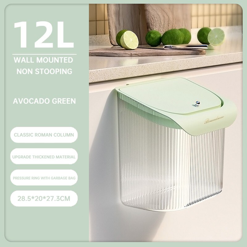 Poubelle de cuisine murale 12l avec couvercle, panier de rangement Transparent suspendu à la porte de l&#39;armoire, corbeille décorative: 12L light green