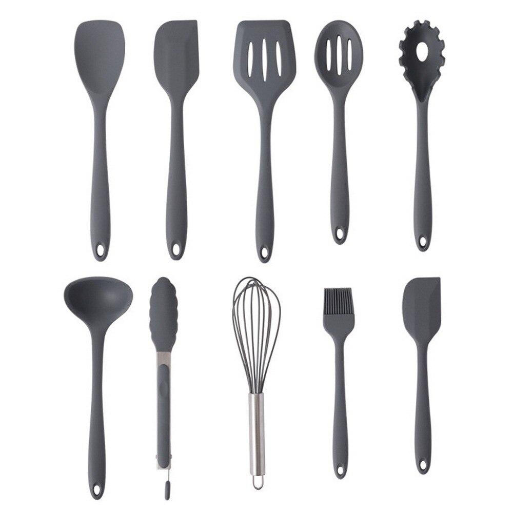 Gray Silicone Cooking Utensils 10 Pcs Kitchen Utensil Set Non-stick Spatula Wooden Handle with Storage Box Kitchen Tools: Default Title