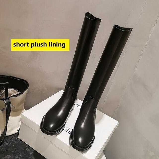 Dames hoge laarzen dames motorlaarzen lage hak herfst/winter schoenen warm pluche achterkant rits schoeisel ronde neus dames zwart: Zwarte korte pluche / 38