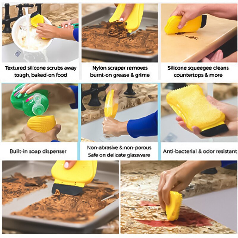 estropajo silicona Herramienta de limpieza de cocina, cepillo de esponja, tazón de silicona, cepillo de limpieza y lavado, plato, Bol, esponja, raspador con dispensador de jabón esponja de silicona para lavar platos