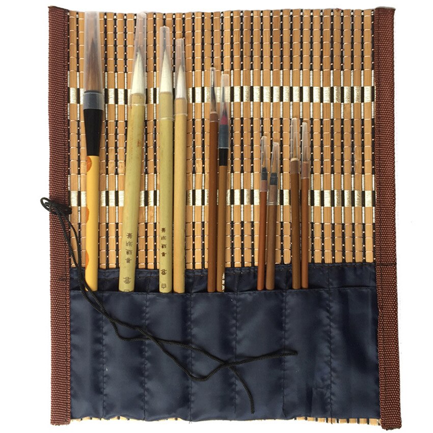 10Pcs Chinese Bamboo Calligraphy Brushes With Pen Curtain Set Writing Brush Tool Calligraphy Ink Art Painting Supplies