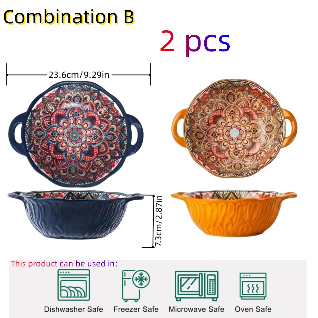 Tigela de sopa de cerâmica estilo boêmio com alça, design seguro para micro-ondas em relevo, ótimo para servir sopa, saladas, macarrão ramen: Marrom