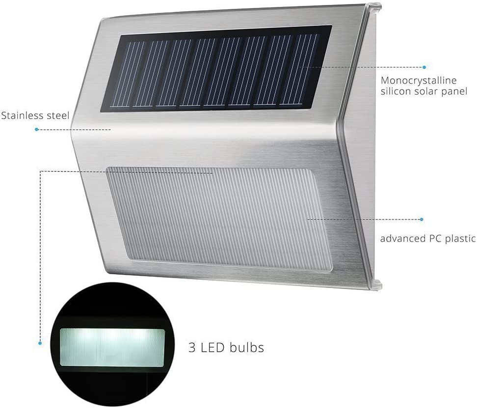 Solar Deck Lights Bright 3 LED Stair Light Outdoor Waterproof Stainless Steel Wireless Lighting for Balcony Garden Yard Fence