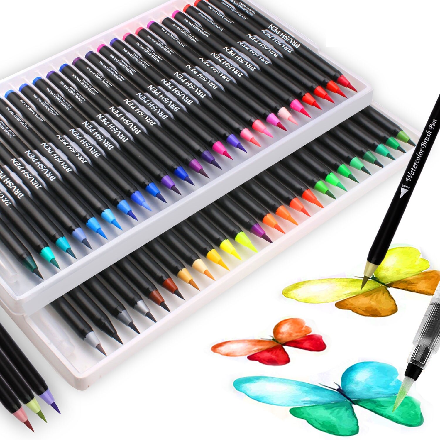 Artists Watercolour Brush Pens Set, 20-72 Vibrant Colours, Premium Real Soft Brush Tip Paint Markers Plus Water Blending Pen: 48 Watercolour Pens