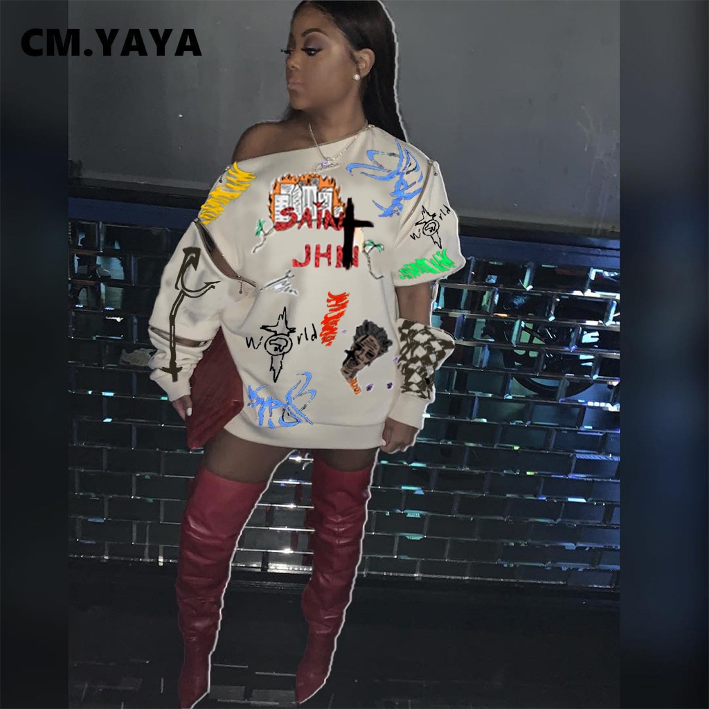 CM.YAYA Otoño Invierno clásico vestido de mujer Graffiti cortado manga larga sudaderas Activewear sudaderas vestidos sueltos