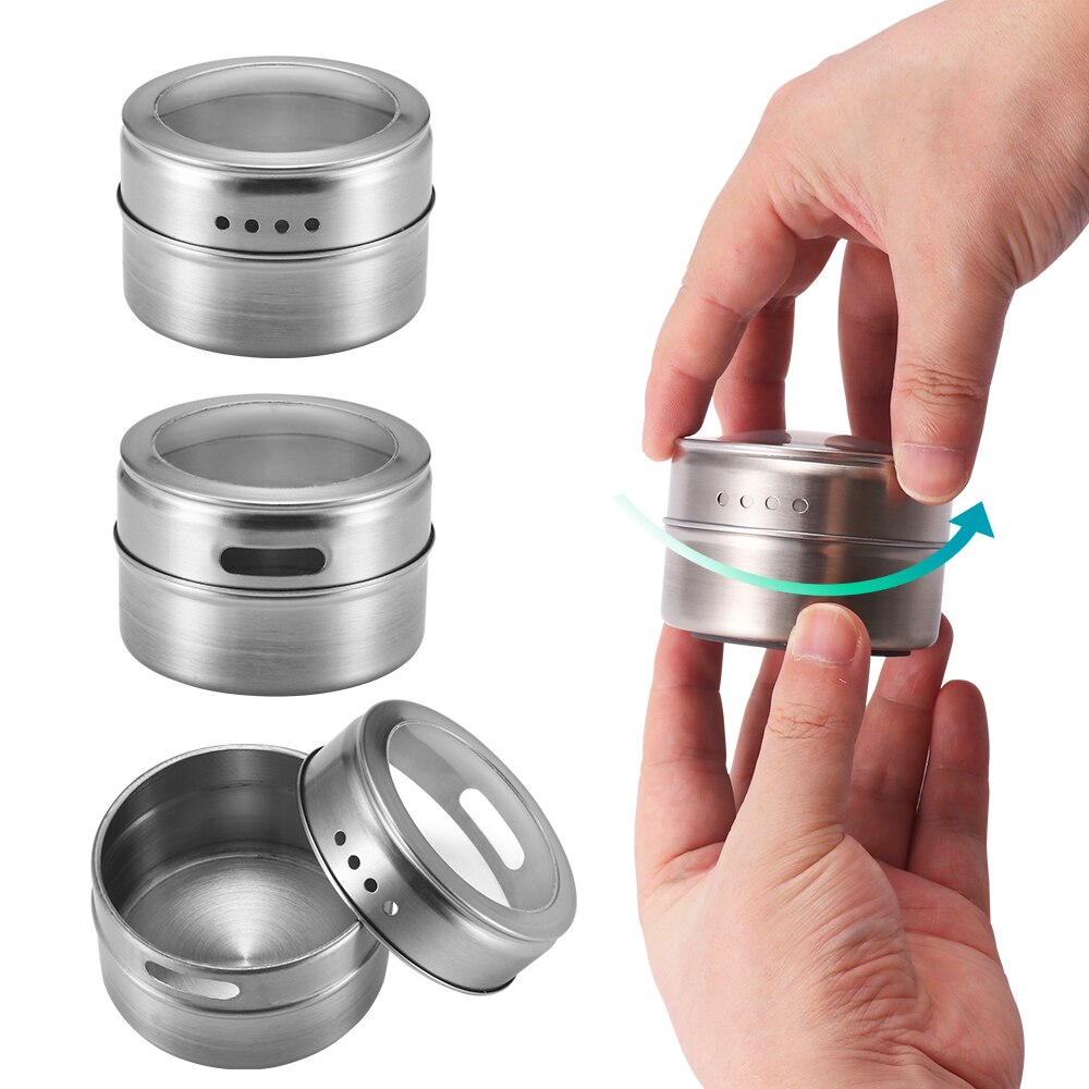 Stainless Steel Magnetic Spice Jars Tins Container Set with Clear Lid Labels Magnetic Spice Tins Jars Seasoning Pepper Organizer