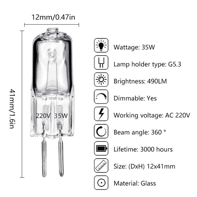 Lampes halogènes à 2 broches, 20W, 25W, 35W, 40W, DC 12V, 220V, Type G4, G5.3, G9, 20W, 25W, 35W, 1 pièce ampoule transparente pour la décoration de la maison, 40W: Rouge