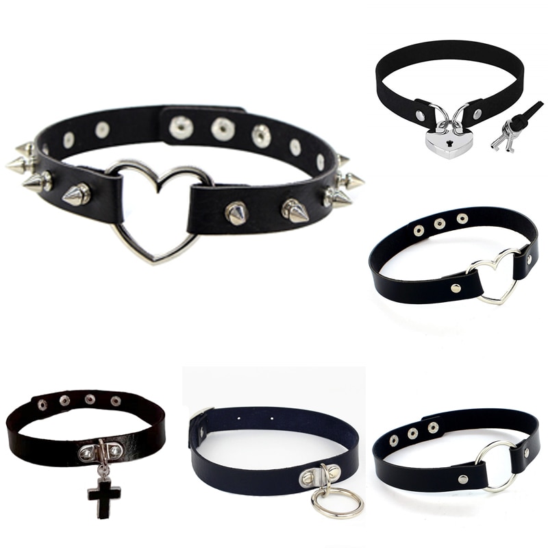 Punk Rock corazón con cerradura con llave círculo gargantillas góticas mujeres hombres cuero de Pu remache de Punta Collar gargantilla Collar declaración joyería