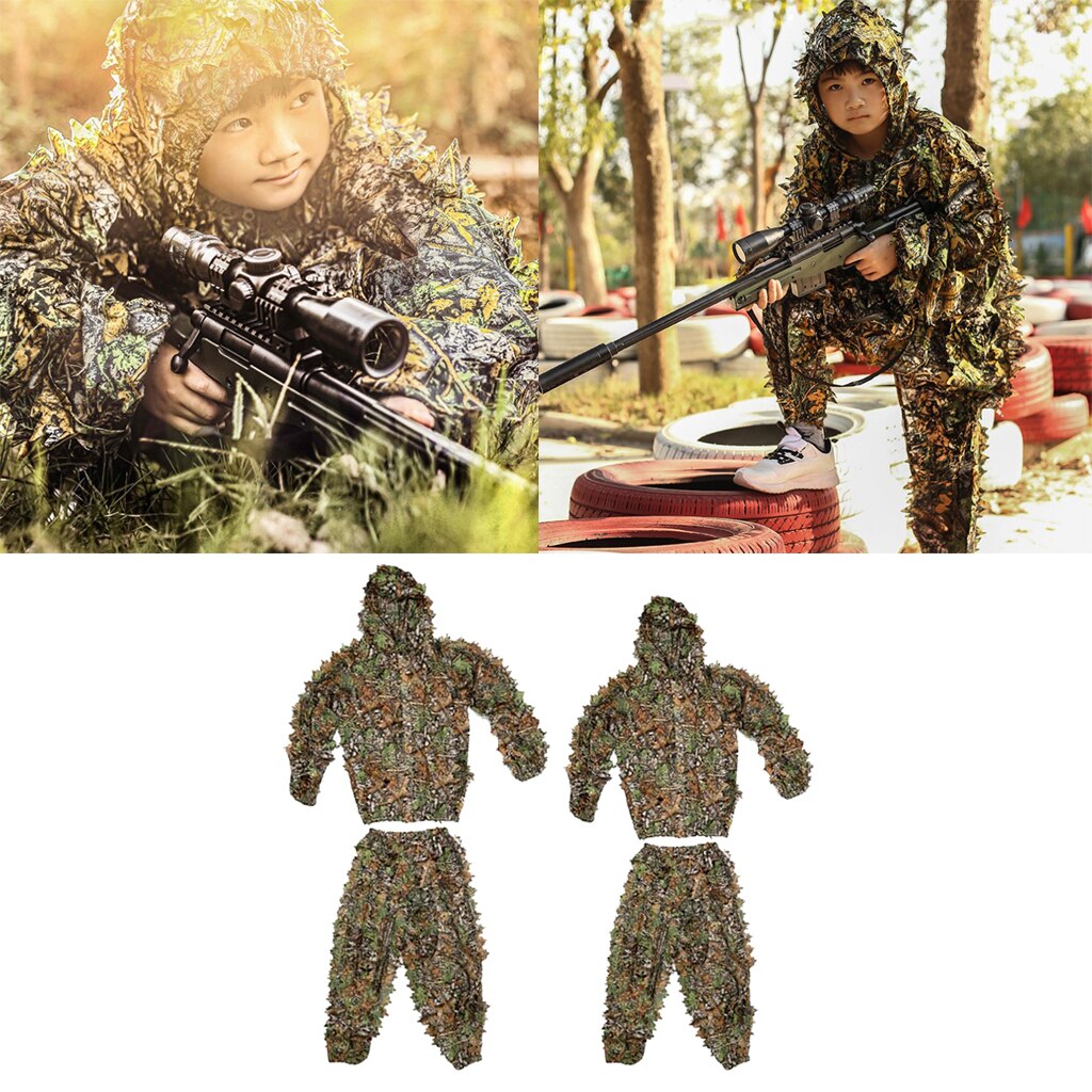 Ropa de camuflaje con hojas en 3D, chaqueta de traje de Ghillie, pantalones con capucha, jungla