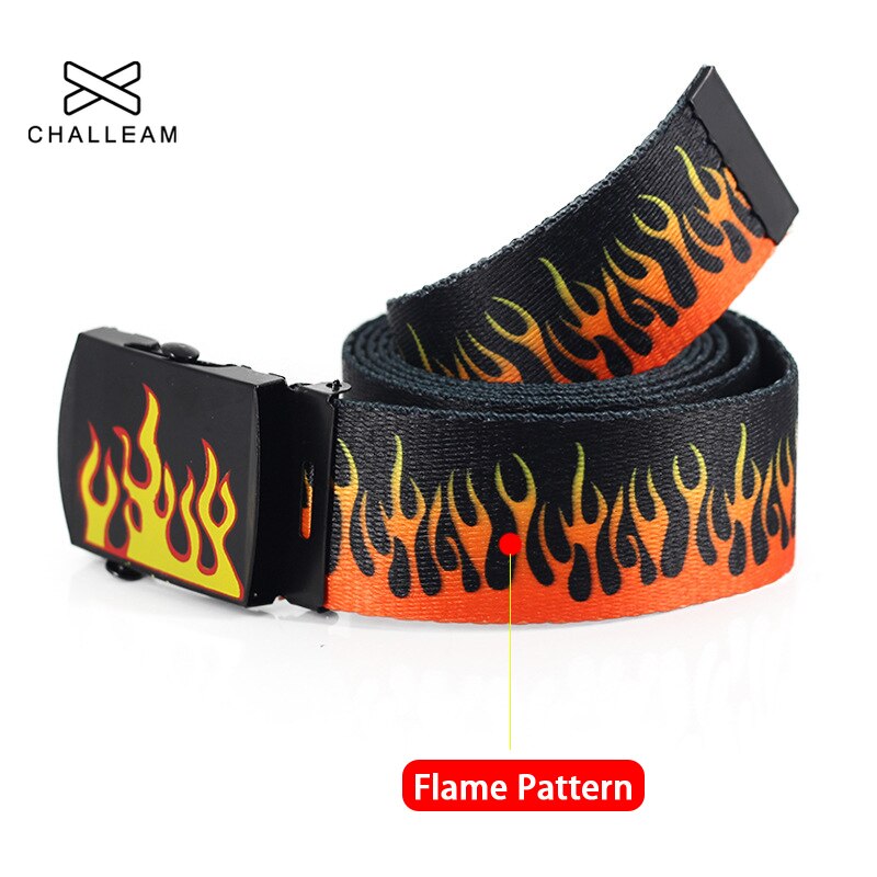 Ceinture longue imprimée flamme pour hommes et femmes, unisexe, en toile unie, , Jeans, sangle à boucle métallique, 130cm, 379