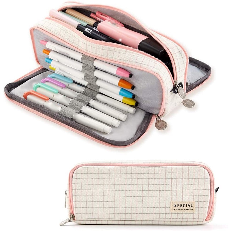 ANGOO Pencil Case Big Capacity 3 Compartments Canvas for Students: B