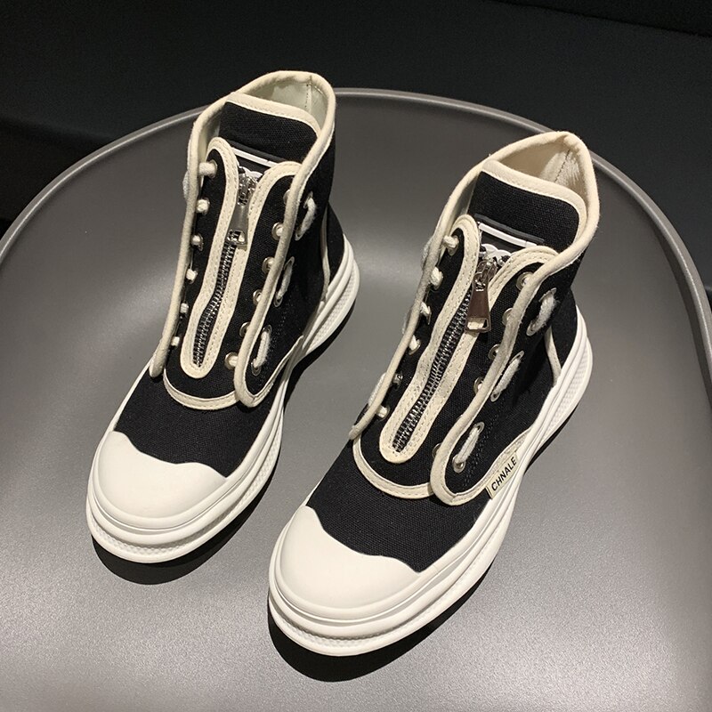 Hoge canvas schoenen dames plateauschoenen damesschoenen hoge schoenen dames witte schoenen casual kleur bijpassende: Zwart / 4