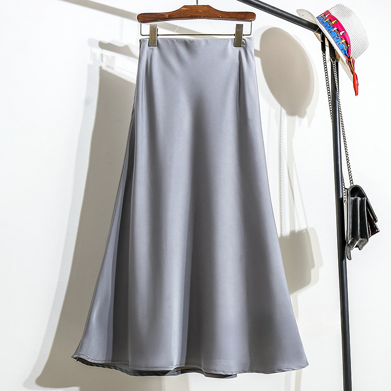 Højtaljet a-linje nederdel til kvinder satin silke ensfarvede nederdele kontordame elastisk talje dame lang nederdel sommer: Xl / Grå