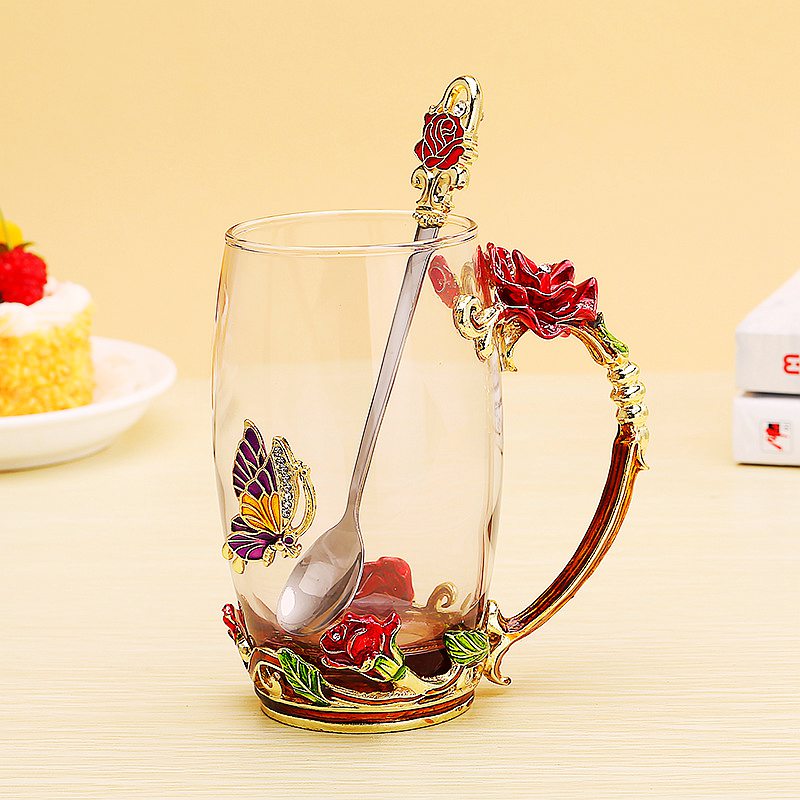 Red Blue Rose Enamel Crystal Tea Cup Coffee Mug Butterfly Rose Painted Flower Water Cups Clear Glass with Spoon Set Perfect: Red roses 350ML