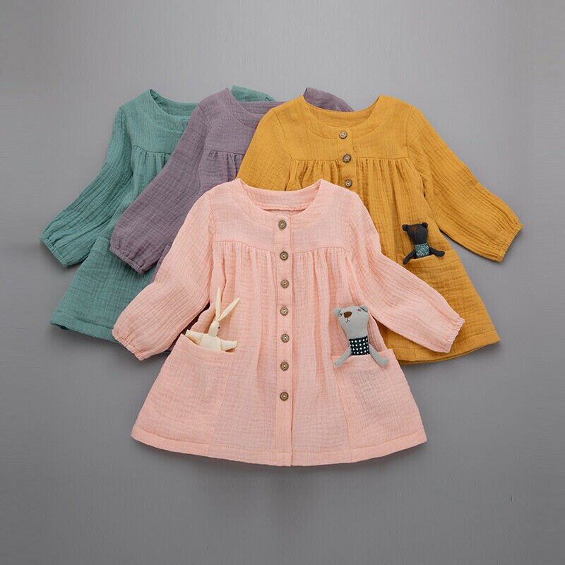 Casual Capretti Del Bambino Della Ragazza Abito Semplice di Cotone di Tela Solido A-Line Bottoni Tasche del Vestito A Maniche Lunghe Ragazze del Vestito di Autunno Vestiti 1-6Y