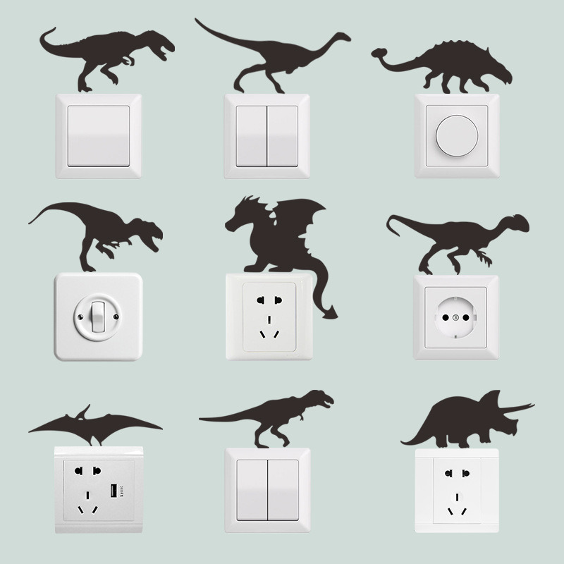 1 Set Black Dinosaur Silhouette Switch Stickers For Kids Room Bedroom Living Room Diy Cartoon Animal Vinyl Mural Art Wallpaper: Default Title