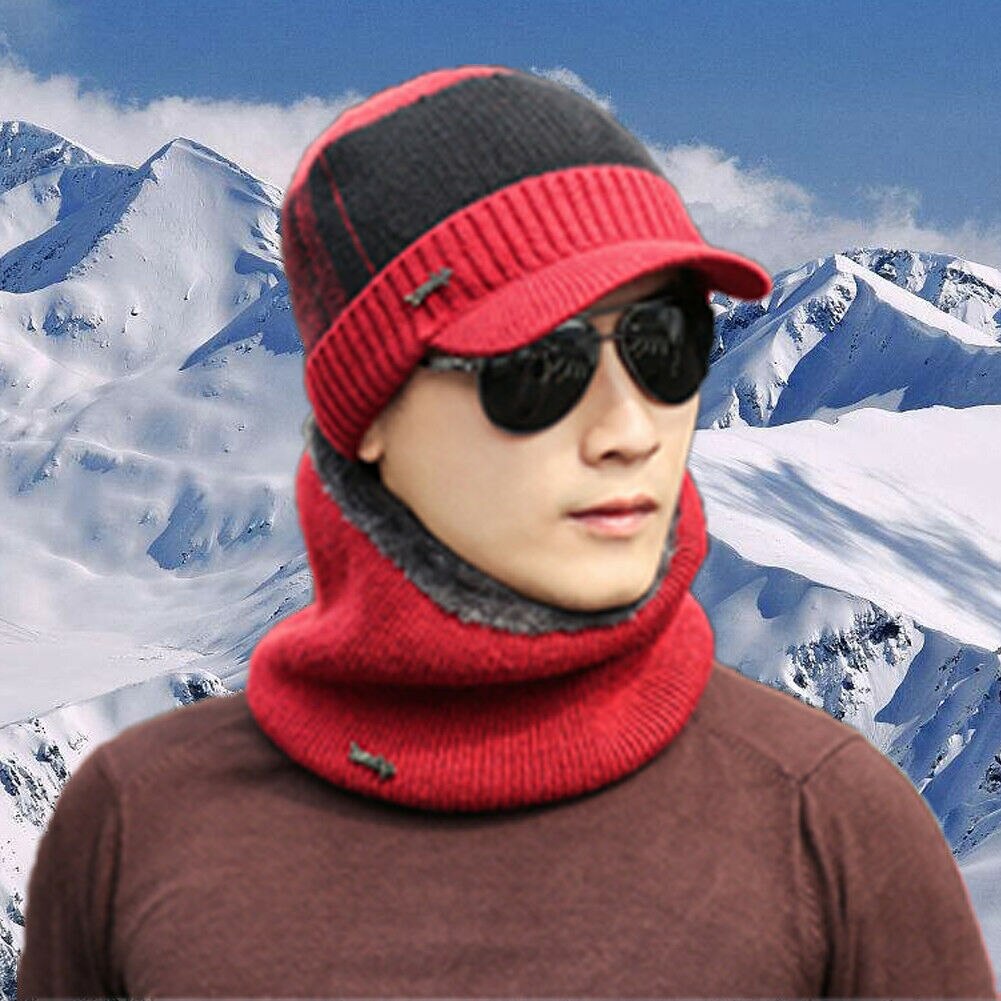 Venda quente inverno tricô chapéu cachecol conjunto masculino cor sólida quente boné cachecóis masculino inverno ao ar livre acessórios chapéus cachecol 2 peças: Vermelho