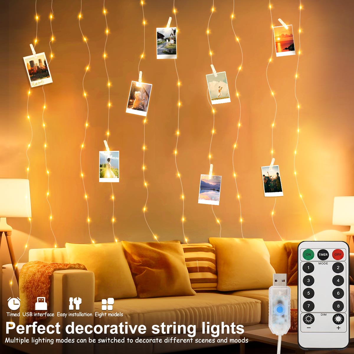 Guirnaldas de cortina con Clip para fotos, LED USB con 20 ganchos, 8 modos de luces para pared, dormitorio, , boda, decoraciones navideñas DIY