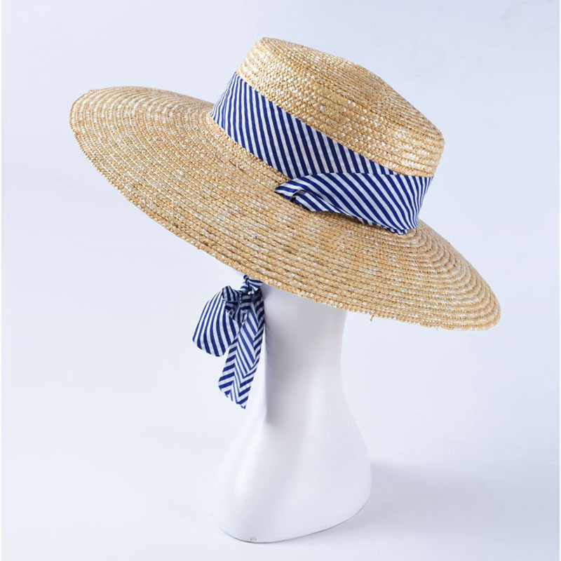 ¡Novedad de ! Sombreros de paja de trigo de ala ancha para mujer, sombrero de sol de playa de verano con cinta a rayas azul marino, sombrero de Boater con lazo, gorro Derby de vacación