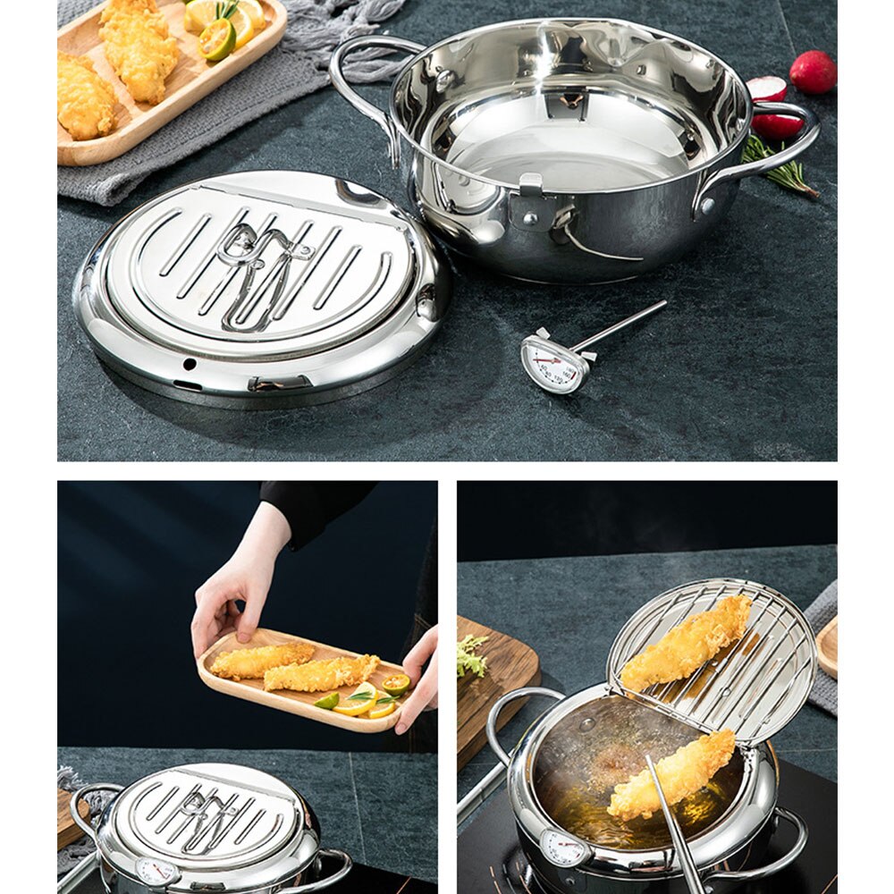 Deep Frying Pot Thermometre Tempura Fryer Pan Temperature Control Fried Chicken Pot Cooking Tools 304 Stainless Steel Fryer